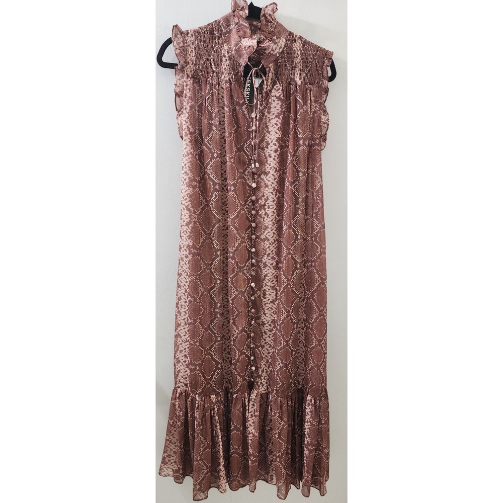 Peekskill Brown Snakeskin Print Sleeveless Maxi Dress Smocked High Neck Size L